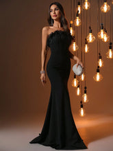 Backless Tube Top Feather Collar Top Fishbone Slim Thigh Slit Mermaid Hem Party Dress